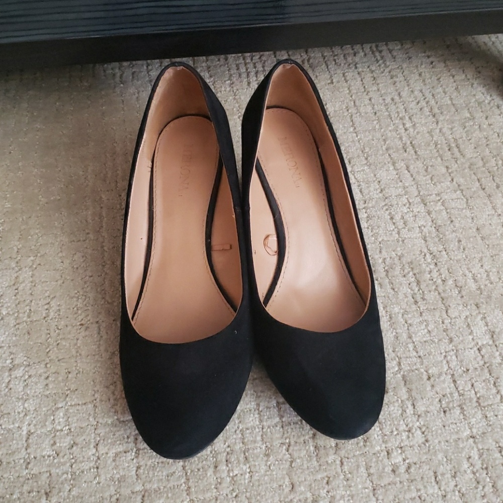 Size 8, black, suede wedges. Merona